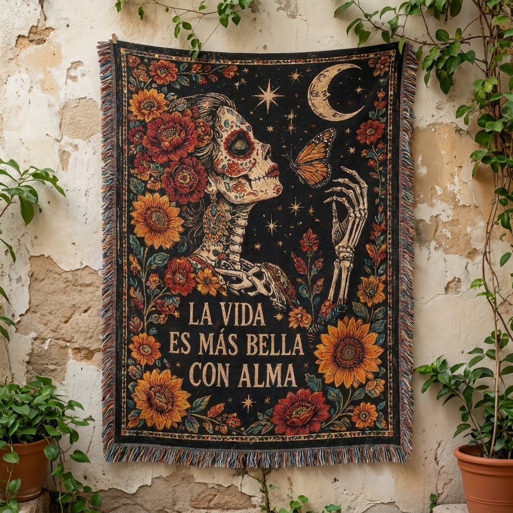 La Vida Es Más Bella Con Alma Floral Skeleton Woman Woven Blanket