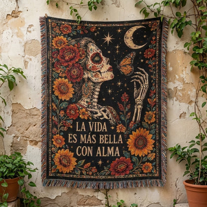 La Vida Es Más Bella Con Alma Floral Skeleton Woman Woven Blanket