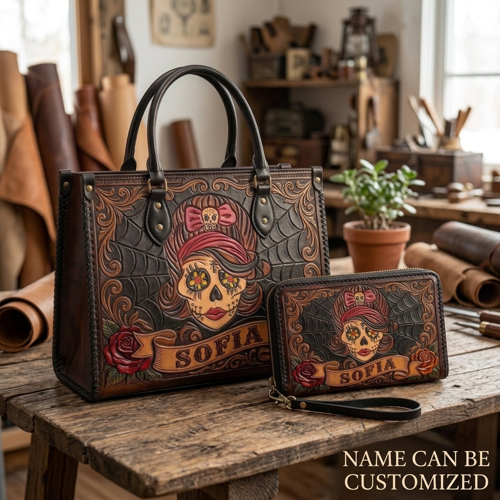 Gothic Sugar Skull Girl Leather Bag + Free Wallet