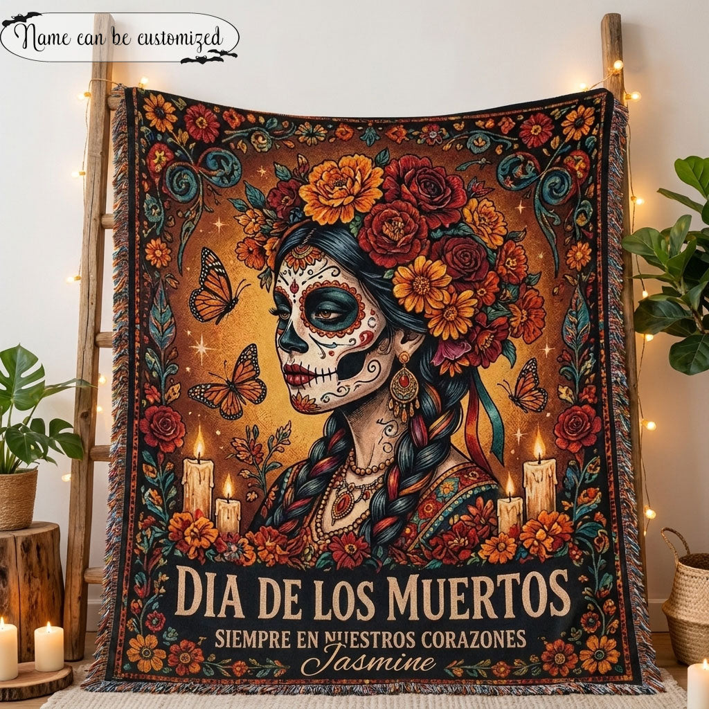 Día de los Muertos Sugar Skull Woman Personalized Woven Blanket
