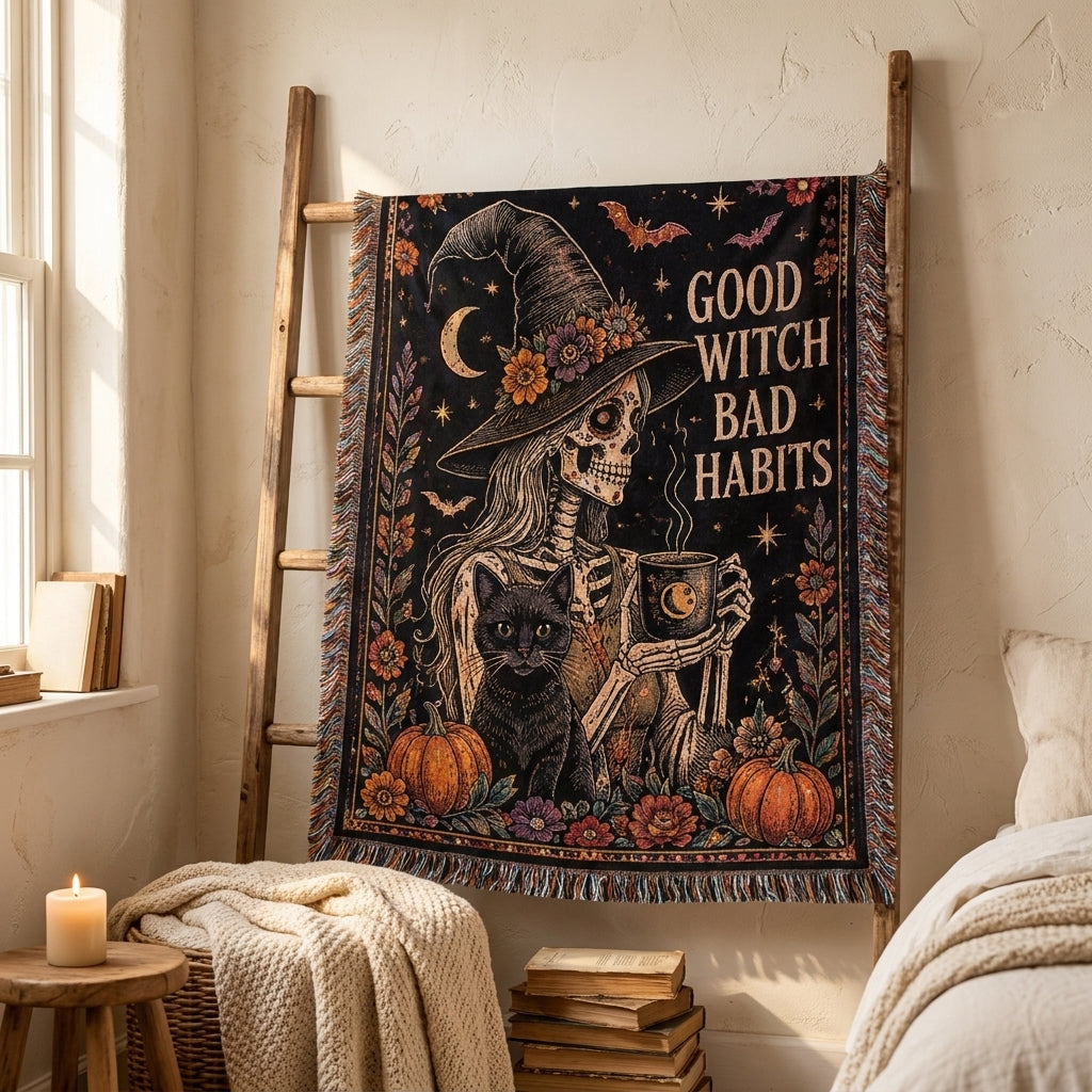 Good Witch Bad Habits Skeleton Witch & Black Cat Woven Blanket