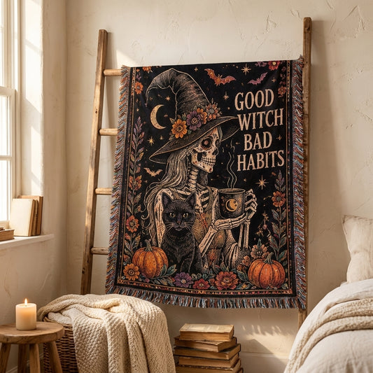 Good Witch Bad Habits Skeleton Witch & Black Cat Woven Blanket