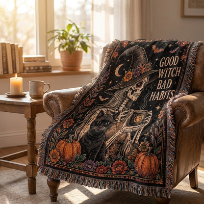 Good Witch Bad Habits Skeleton Witch & Black Cat Woven Blanket