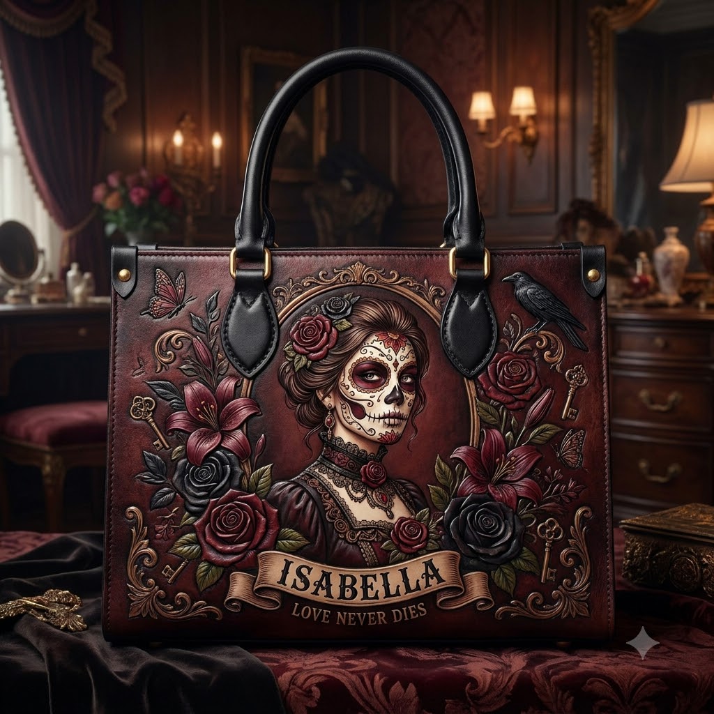 Gothic Sugar Skull Rose Leather Bag + Free Wallet