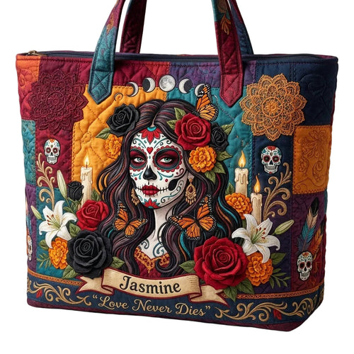 Love Never Dies Rose Skull Lady Personalized Quilted Tote Bag & Free-Motion Embroidery Wallet Set