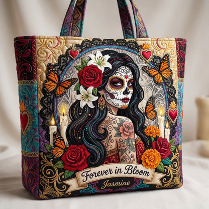 Forever In Bloom Rose Skull Lady Personalized Quilted Tote Bag & Free-Motion Embroidery Wallet Set