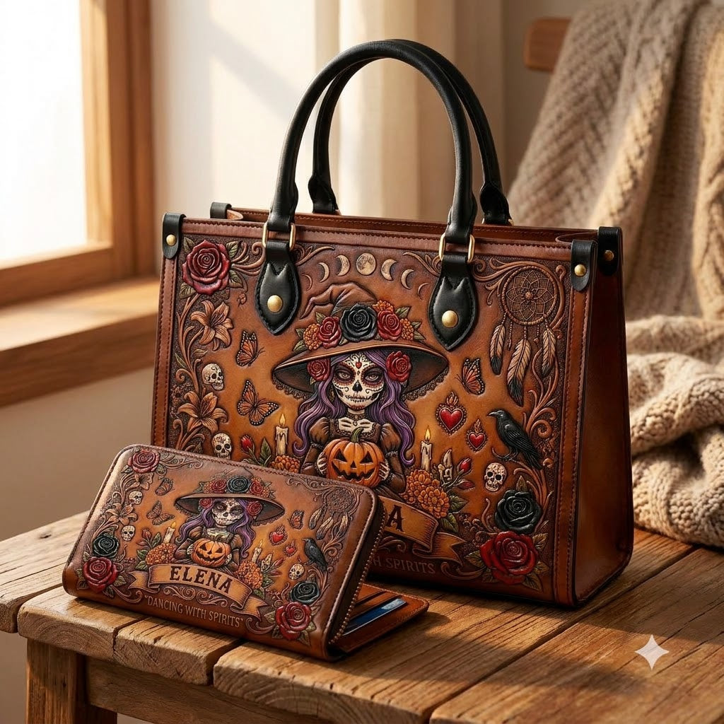 Gothic Catrina Personalized Leather Bag + Free Wallet