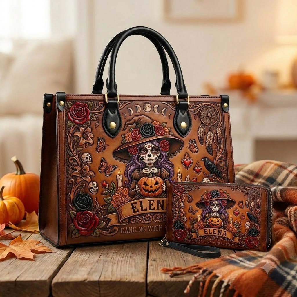 Gothic Catrina Personalized Leather Bag + Free Wallet
