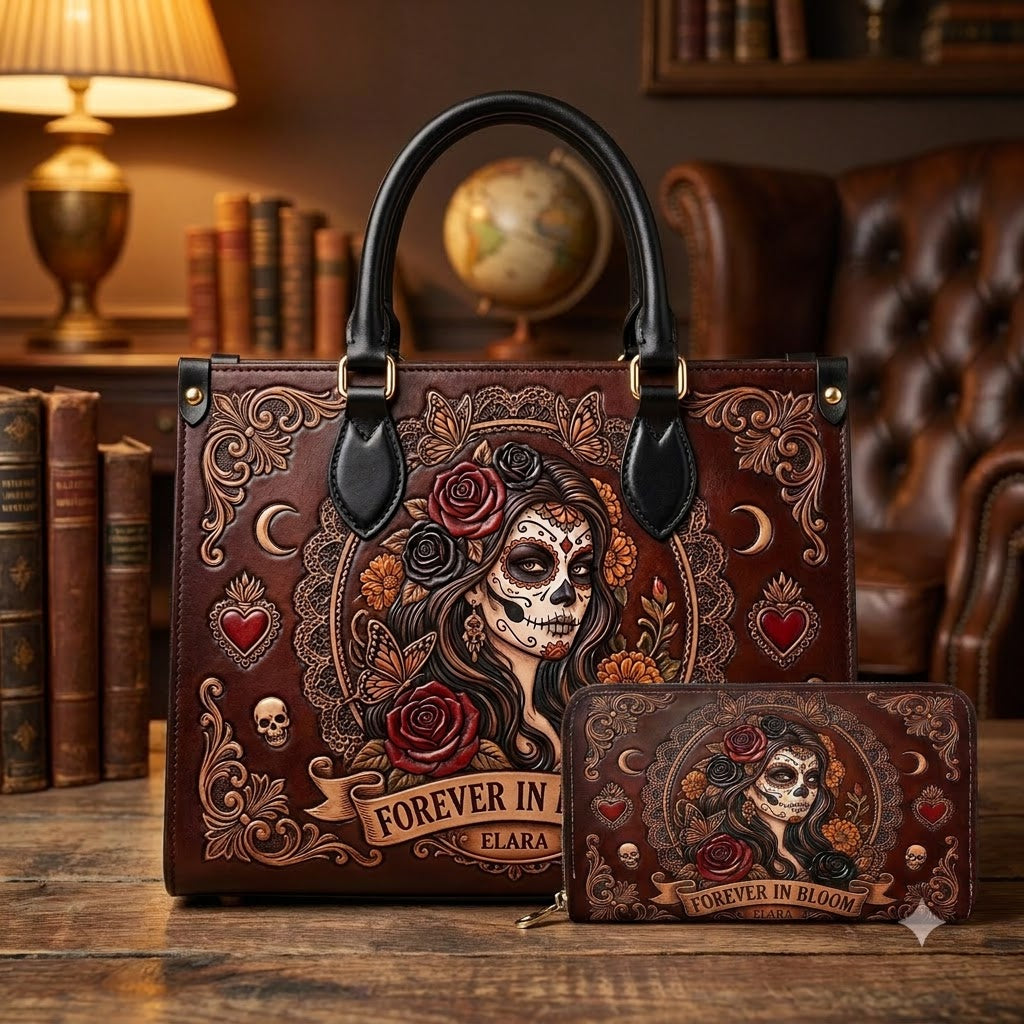 La Catrina Forever In Bloom Personalized Leather Bag + Free Wallet