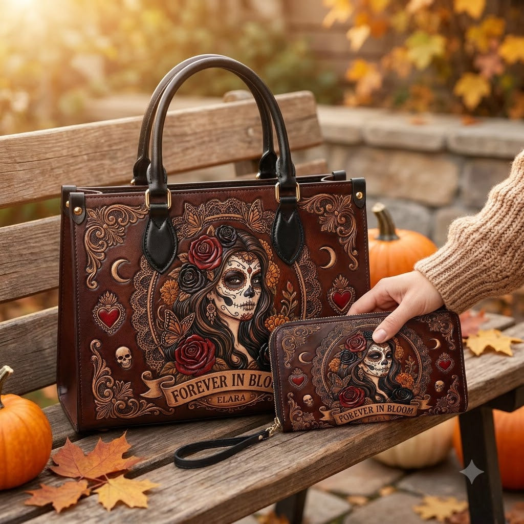 La Catrina Forever In Bloom Personalized Leather Bag + Free Wallet