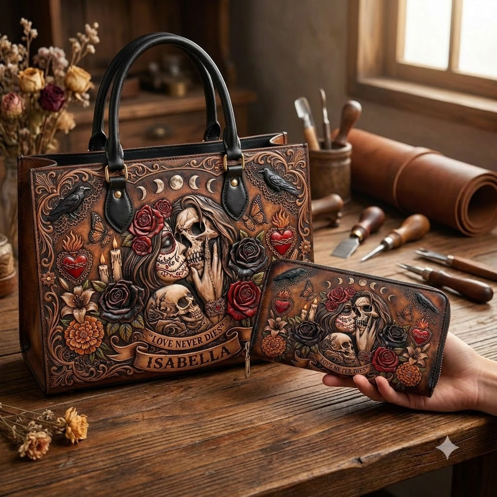 Love Never Dies Eternal Embrace Personalized Leather Bag + Free Wallet