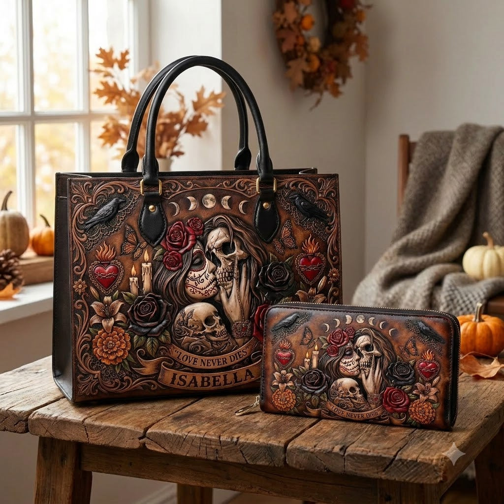 Love Never Dies Eternal Embrace Personalized Leather Bag + Free Wallet