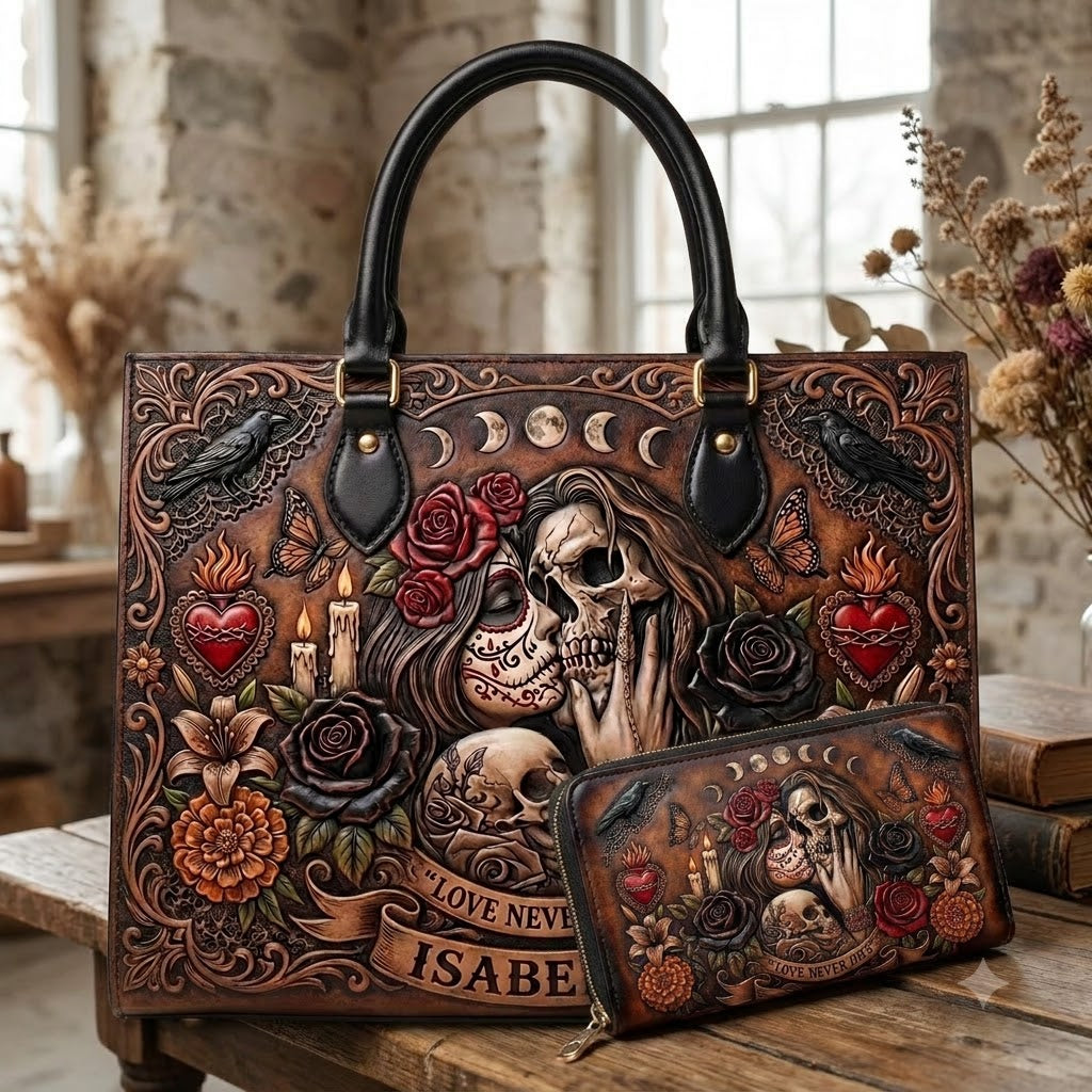 Love Never Dies Eternal Embrace Personalized Leather Bag + Free Wallet