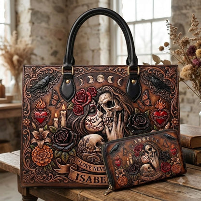 Love Never Dies Eternal Embrace Personalized Leather Bag + Free Wallet
