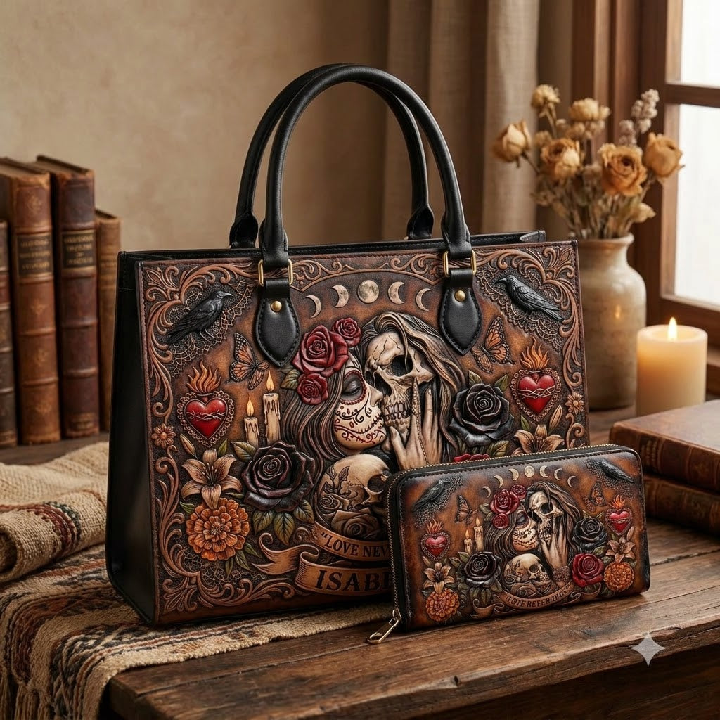 Love Never Dies Eternal Embrace Personalized Leather Bag + Free Wallet