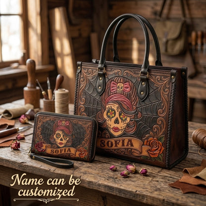 Gothic Sugar Skull Girl Leather Bag + Free Wallet
