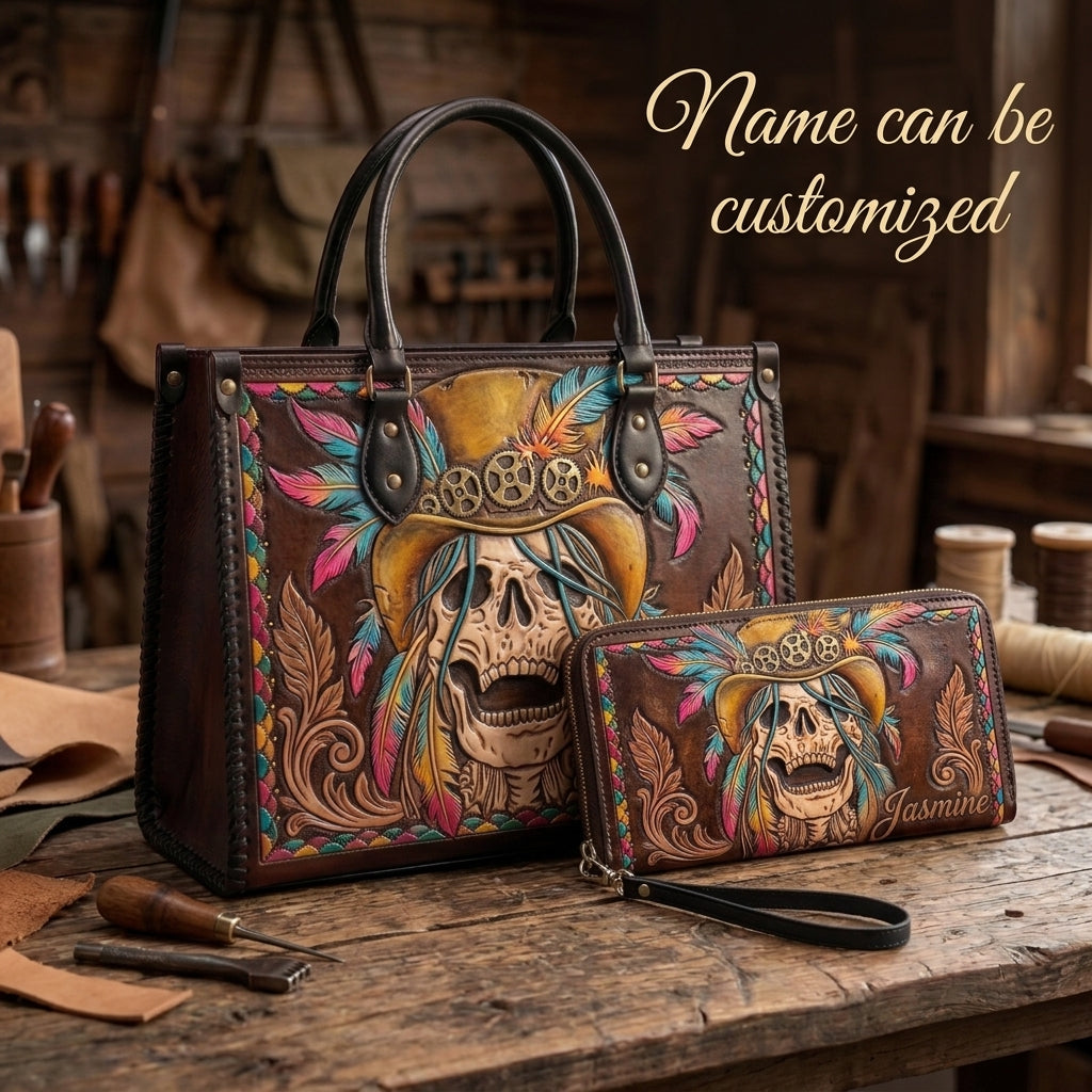 Steampunk Feather Skull Leather Bag + Free Wallet