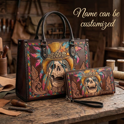 Steampunk Feather Skull Leather Bag + Free Wallet