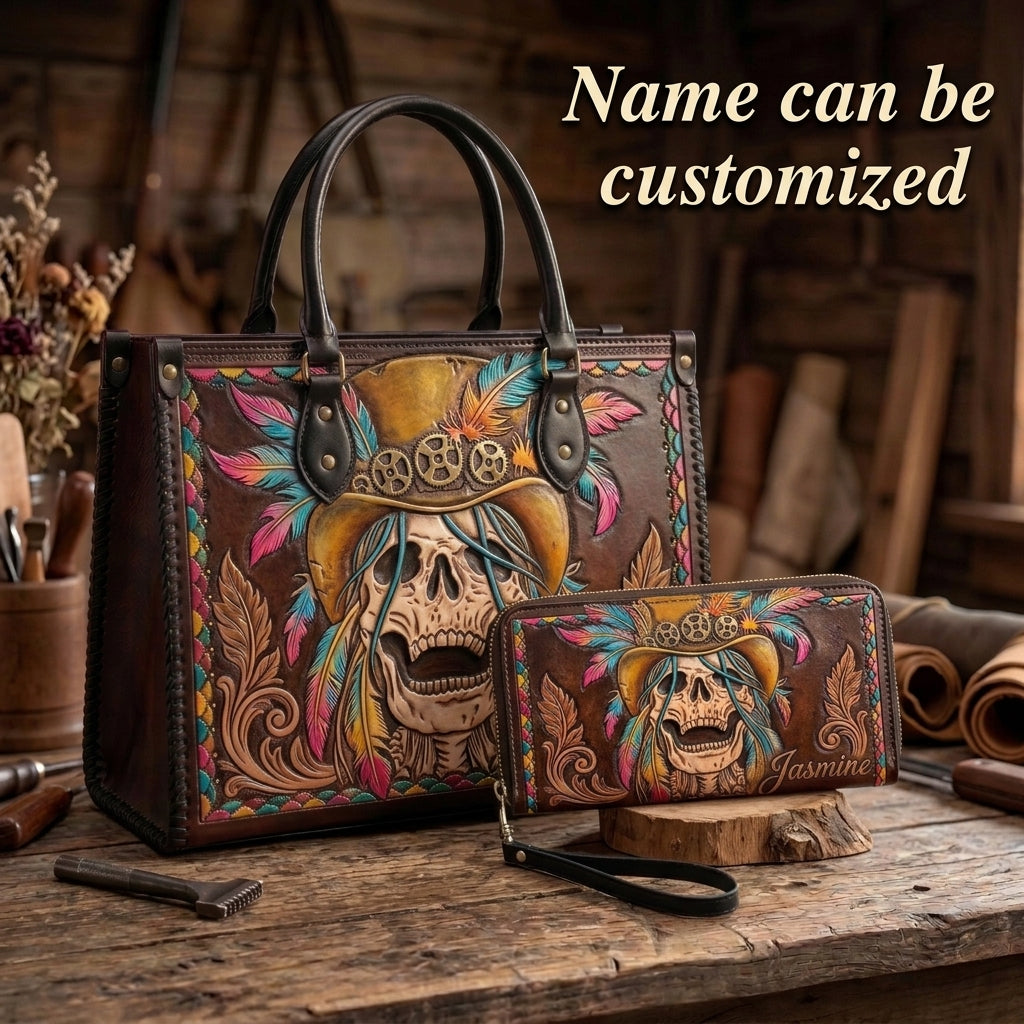 Steampunk Feather Skull Leather Bag + Free Wallet
