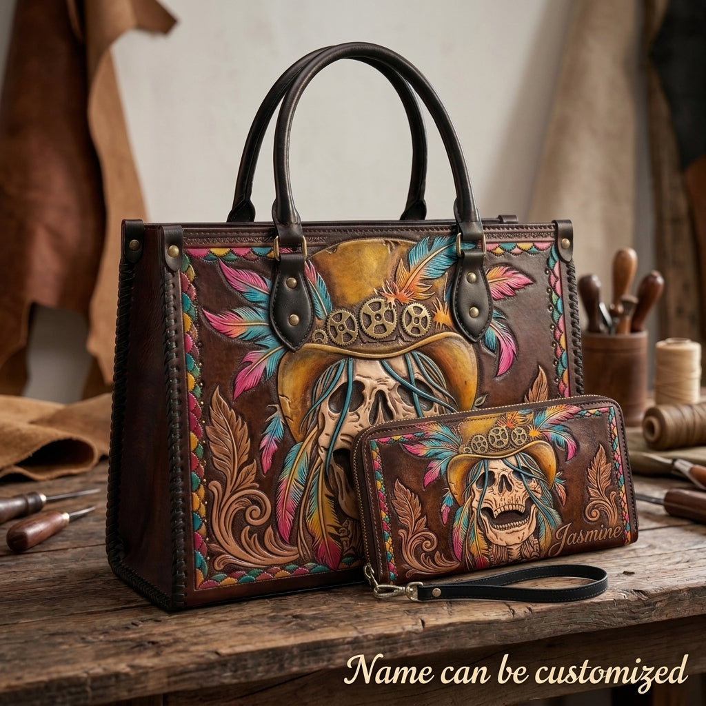 Steampunk Feather Skull Leather Bag + Free Wallet