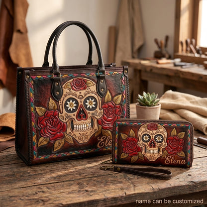 Red Rose Sugar Skull Leather Bag + Free Wallet