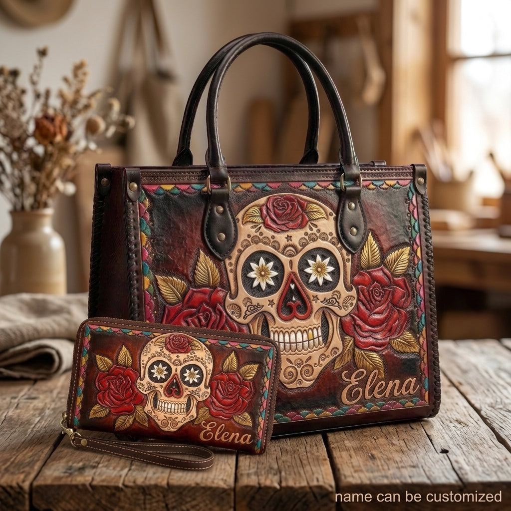 Red Rose Sugar Skull Leather Bag + Free Wallet