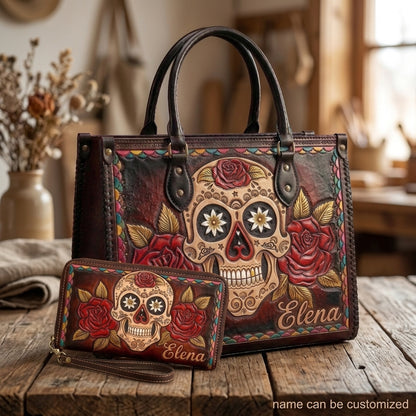 Red Rose Sugar Skull Leather Bag + Free Wallet