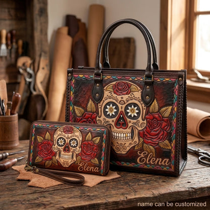 Red Rose Sugar Skull Leather Bag + Free Wallet