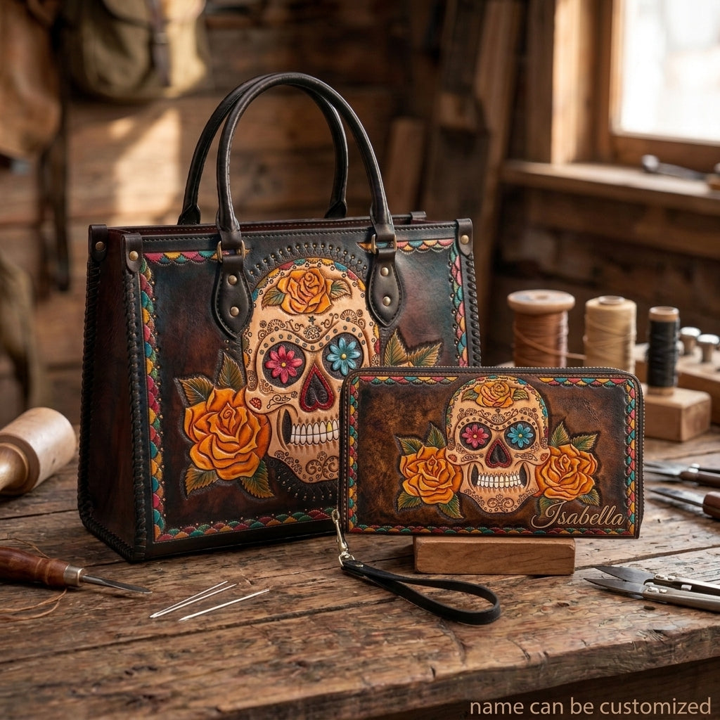 Marigold Sugar Skull Leather Bag + Free Wallet