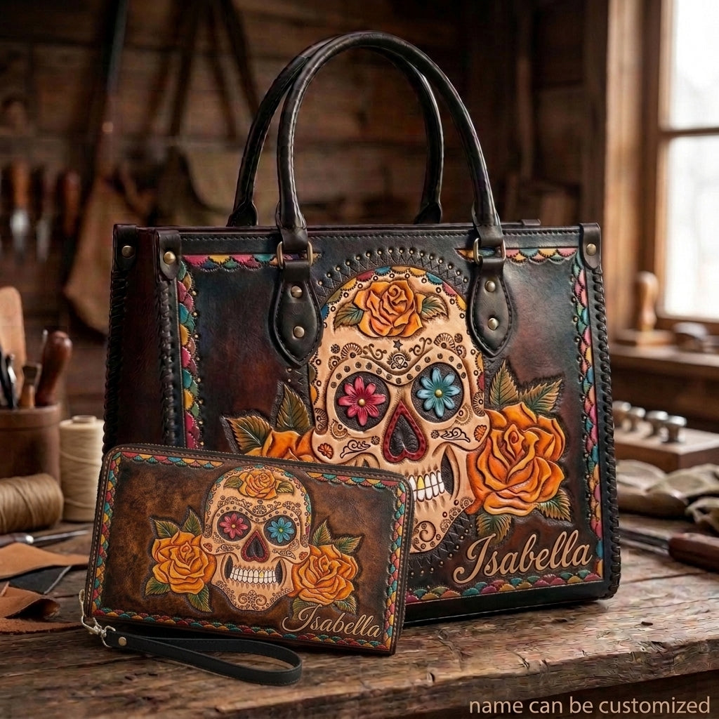 Marigold Sugar Skull Leather Bag + Free Wallet