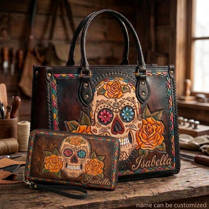 Marigold Sugar Skull Leather Bag + Free Wallet