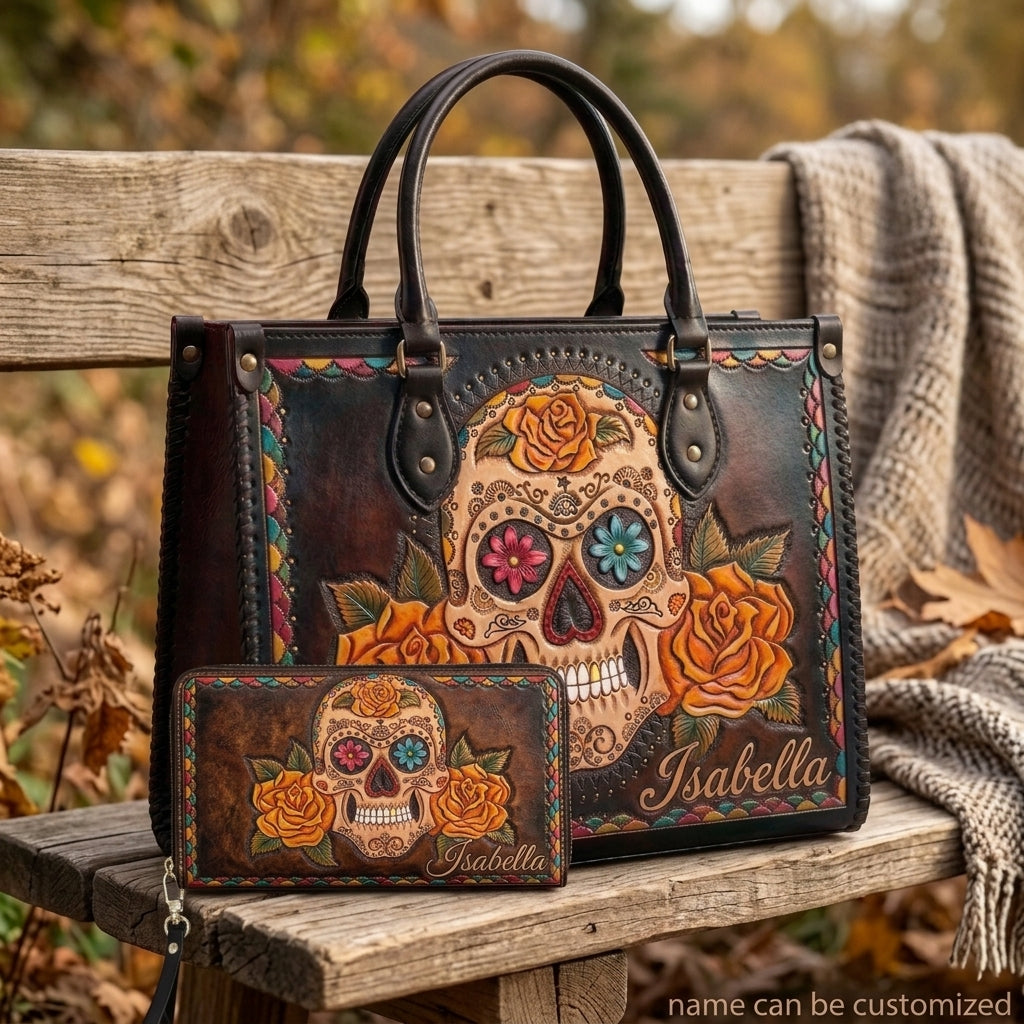 Marigold Sugar Skull Leather Bag + Free Wallet