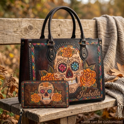 Marigold Sugar Skull Leather Bag + Free Wallet