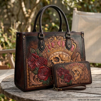 Royal Crown Skull & Roses Leather Bag + Free Wallet