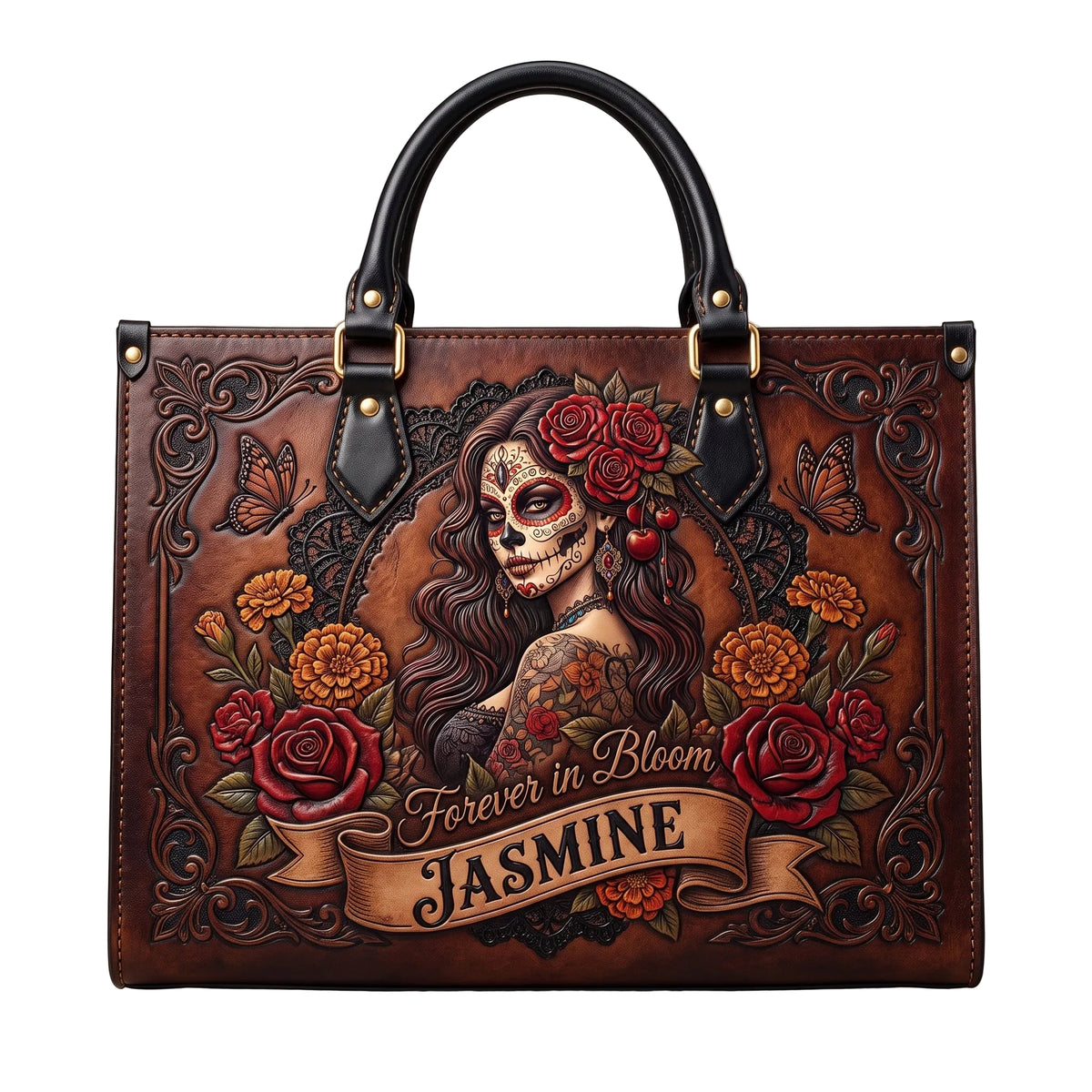 Blooming Skull Personalized Leather Bag + Free Wallet