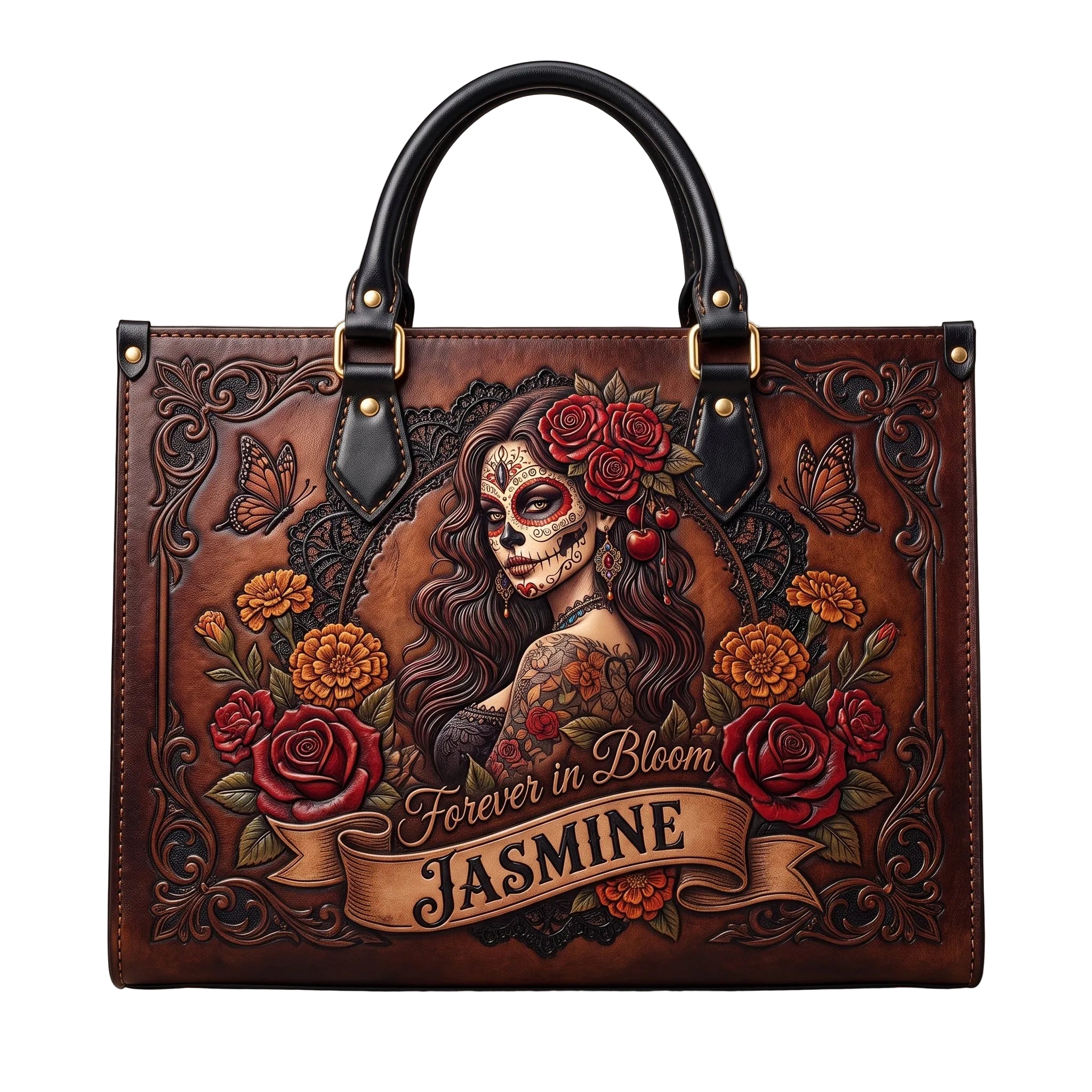 Blooming Skull Personalized Leather Bag + Free Wallet