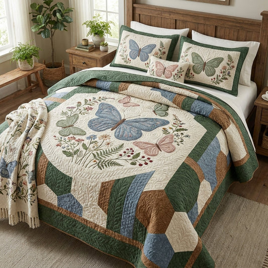 Blue Butterfly Quilted Bedding Set