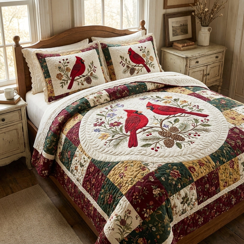 Cardinal Couple Quilted Bedding Set