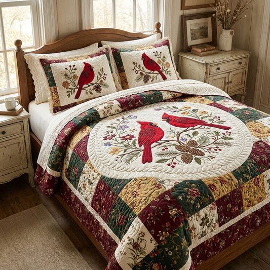 Cardinal Couple Quilted Bedding Set