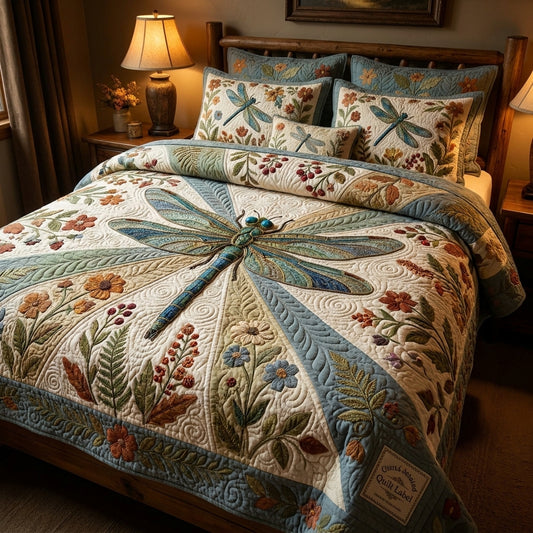 Dragonfly and Flowers Quilted Bedding Set