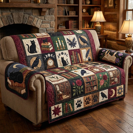 Antique Books And Cats Quilted Sofa Cover