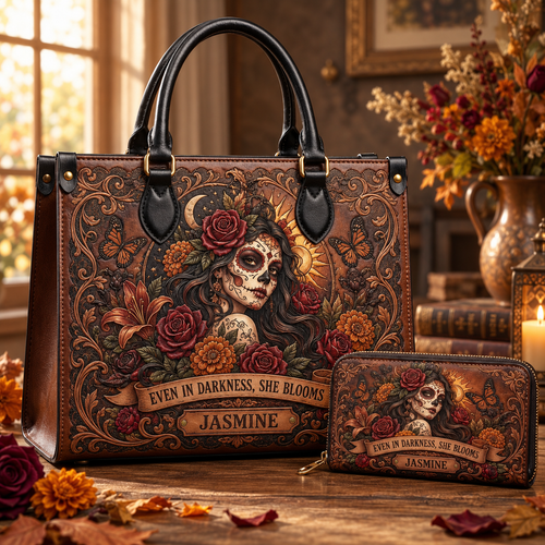 Personalized Bloom Through the Darkness Leather Handbag + Free Matching Wallet