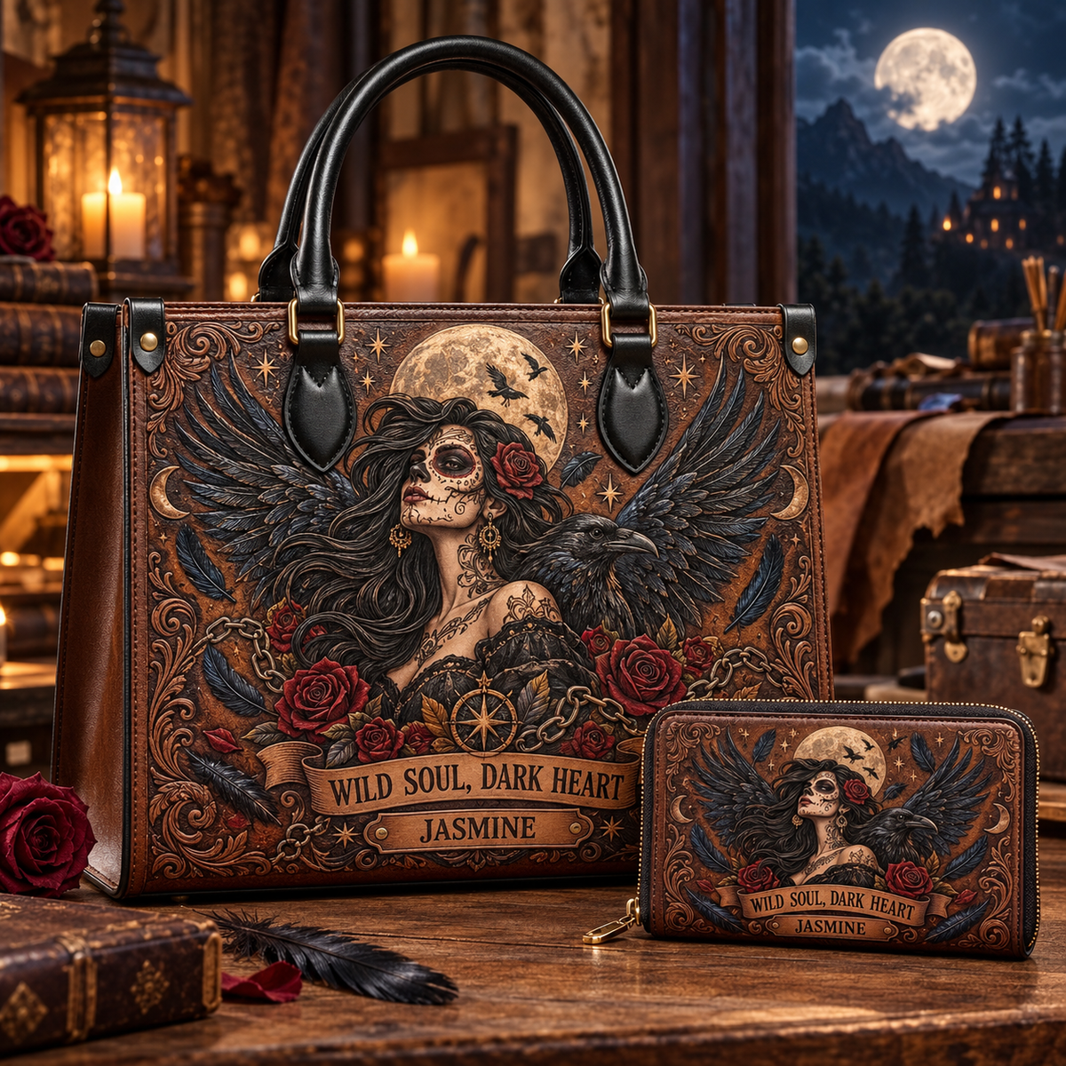 Personalized Wild Soul, Dark Heart Leather Handbag + Free Matching Wallet