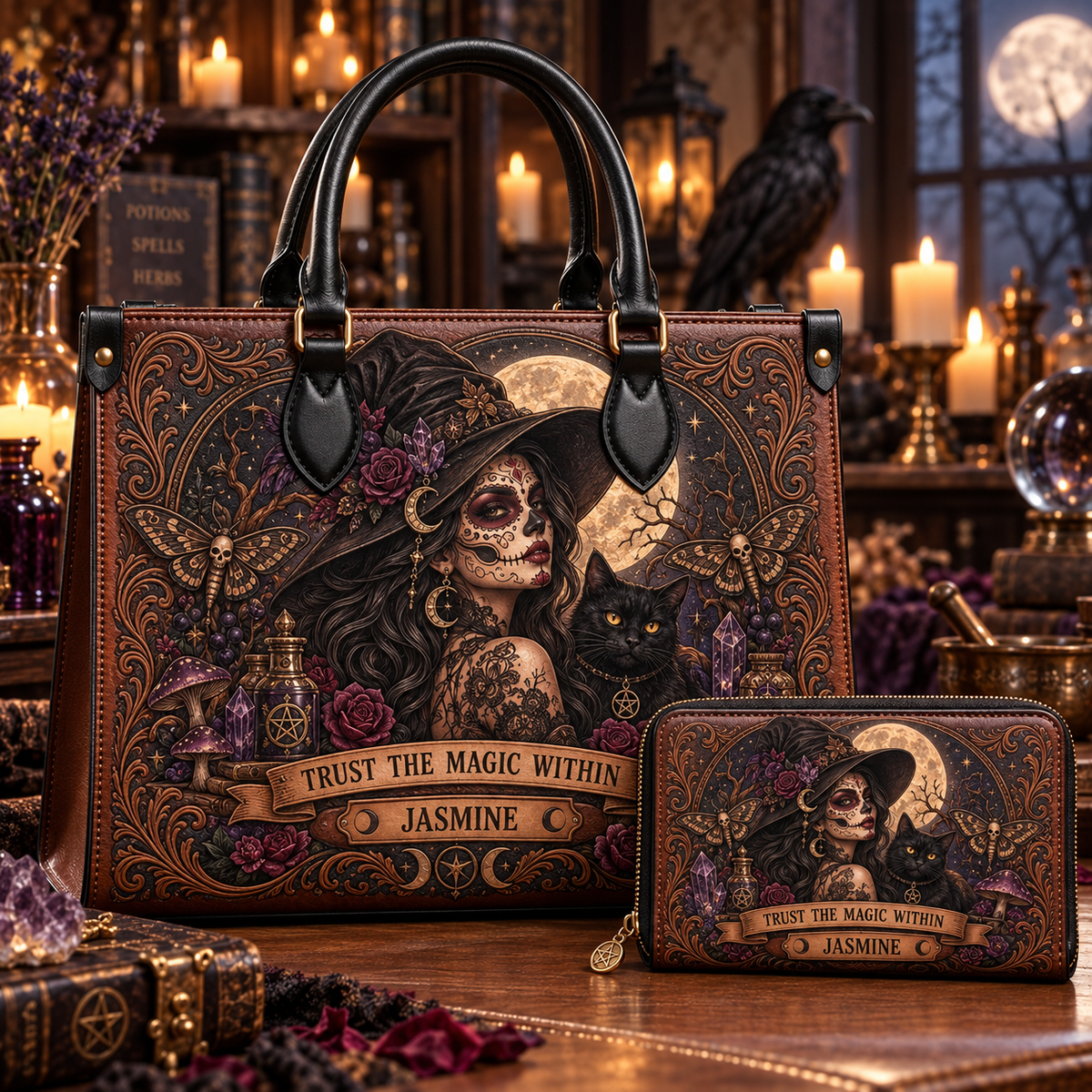 Personalized Moonlit Witch Leather Handbag + Free Matching Wallet