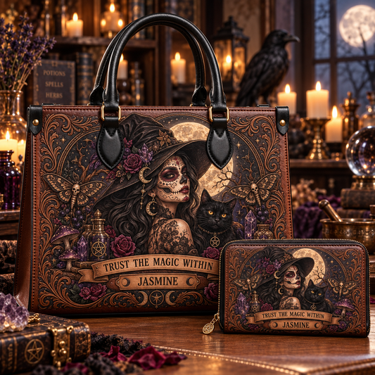 Personalized Moonlit Witch Leather Handbag + Free Matching Wallet
