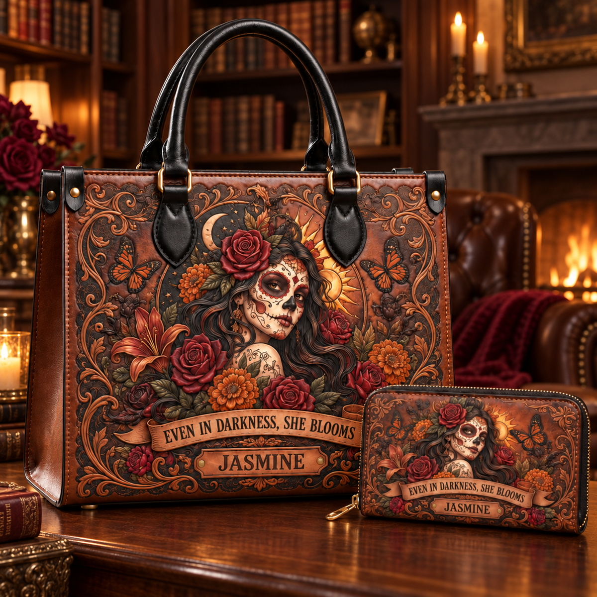 Personalized Bloom Through the Darkness Leather Handbag + Free Matching Wallet