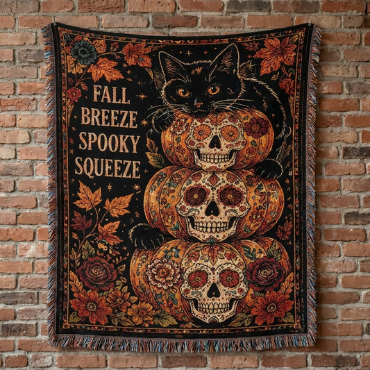 Fall Breeze Spooky Squeeze Sugar Skull Pumpkin Halloween Woven Blanket