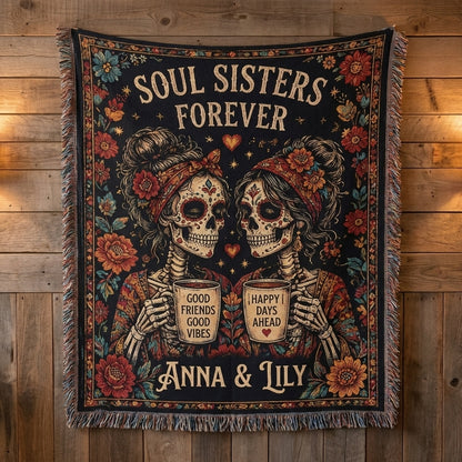 Soul Sisters Forever Personalized Skeleton Best Friends Woven Blanket