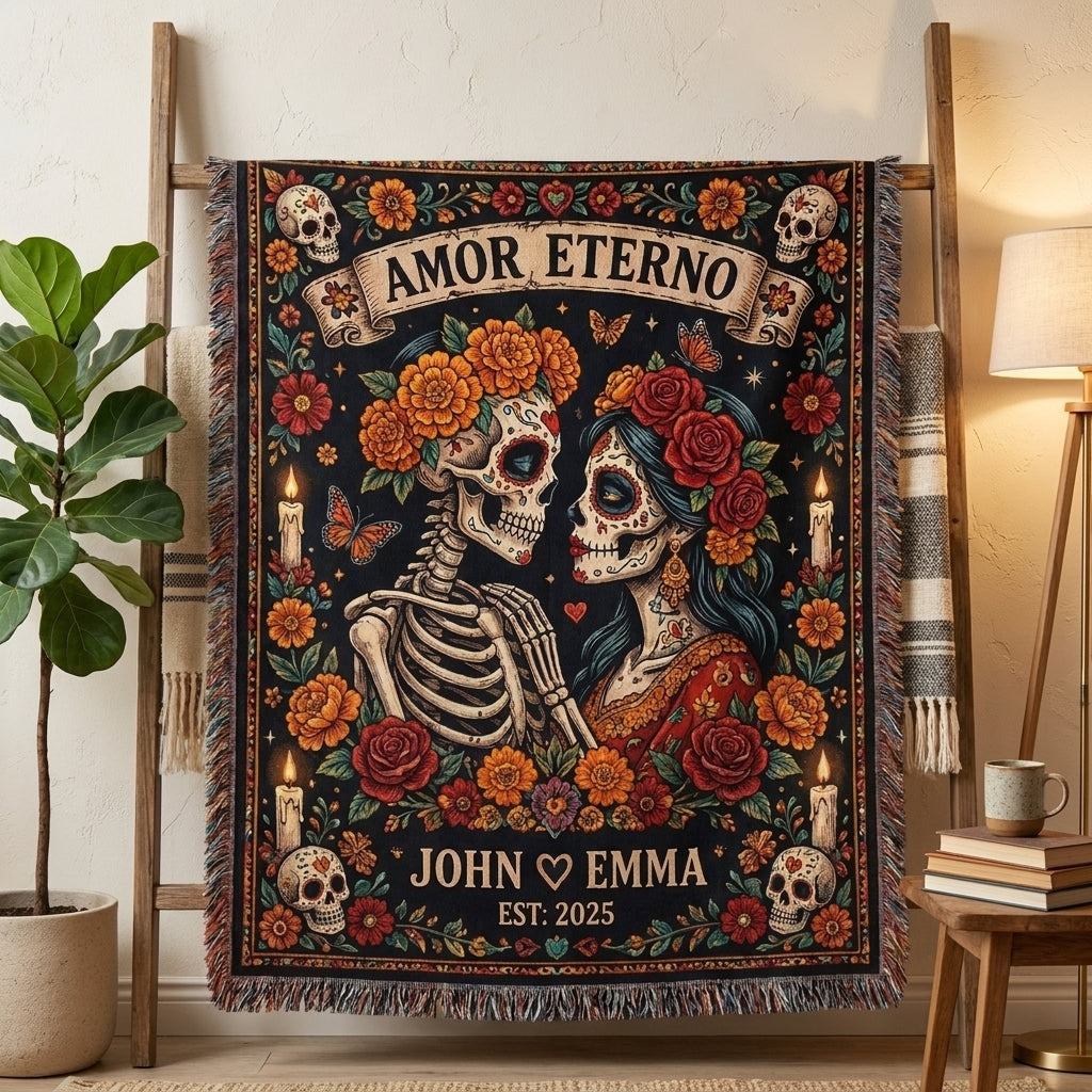 Amor Eterno Personalized Couple Sugar Skull Woven Blanket