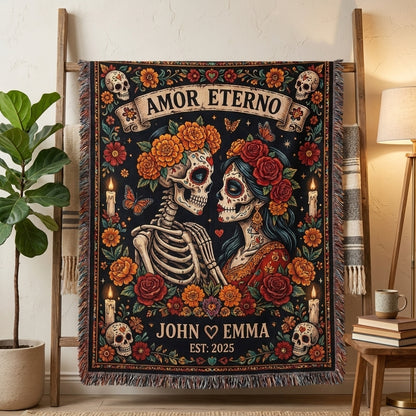 Amor Eterno Personalized Couple Sugar Skull Woven Blanket